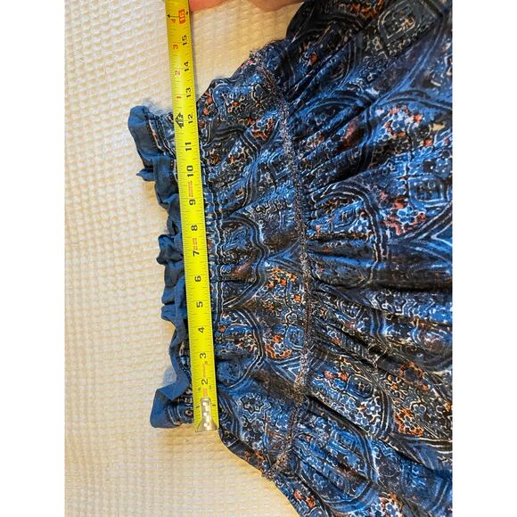 Free People Boho Cottage Core Blue Printed Tiered Linen Blend Maxi Skirt Small - Picture 5 of 16